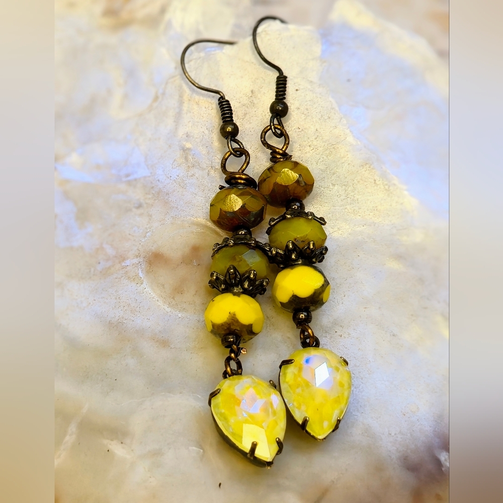 Victorian Sunflower Yellow Swarovski Crystal & Glass In Long Earrings In Brass